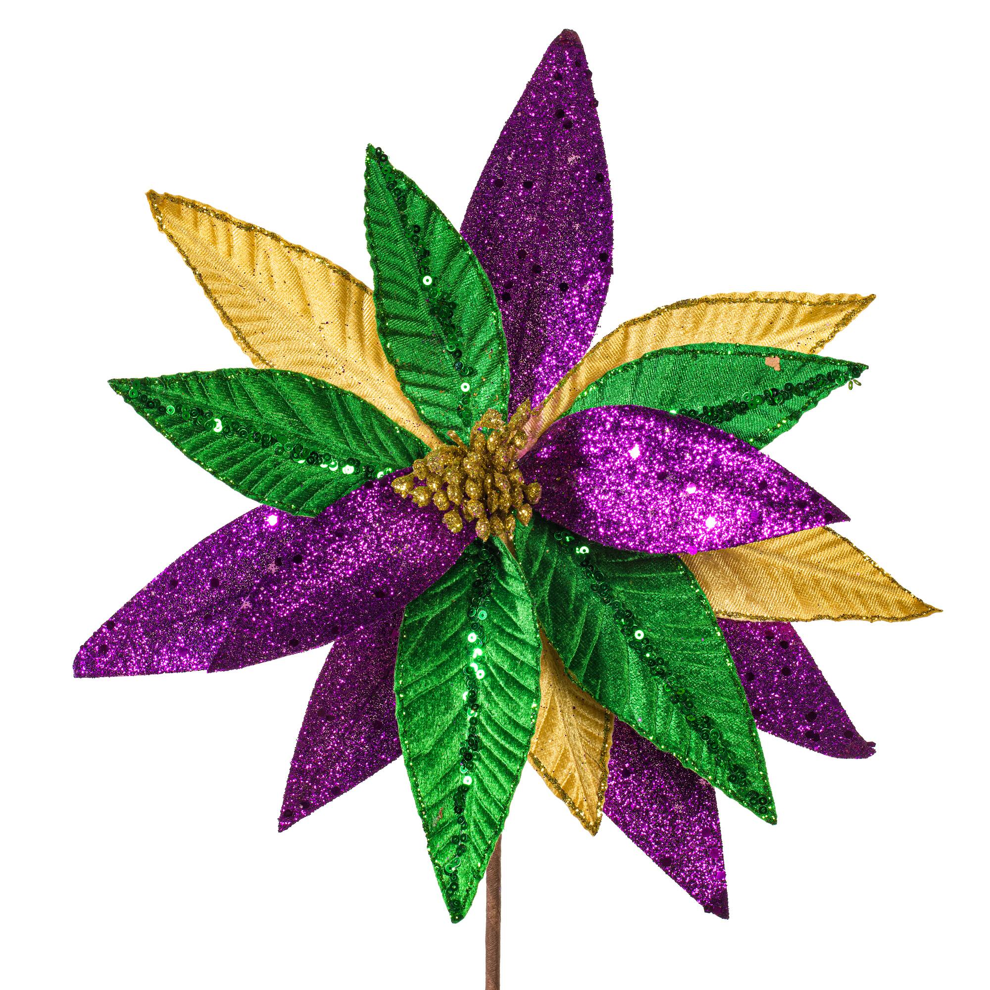 20" Mardi Gras Sequin Poinsettia Stems, 3ct.